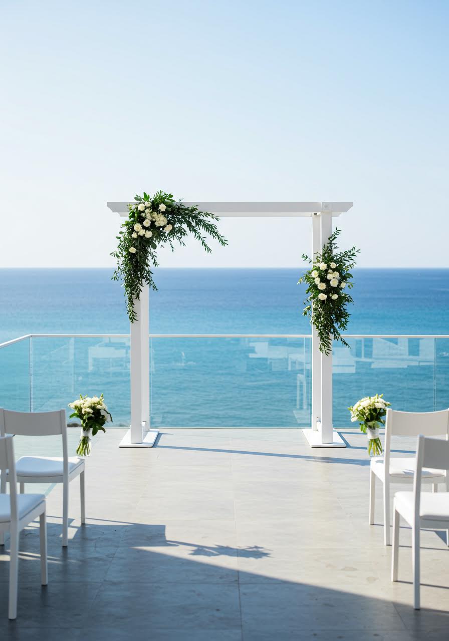 Modern minimalist white wedding arch overlooking azure sea from clean concrete patio
