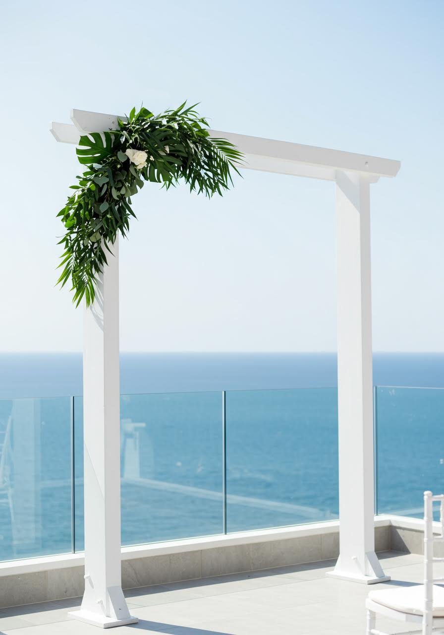 Sleek contemporary wedding ceremony setup with simple arch and ocean backdrop
