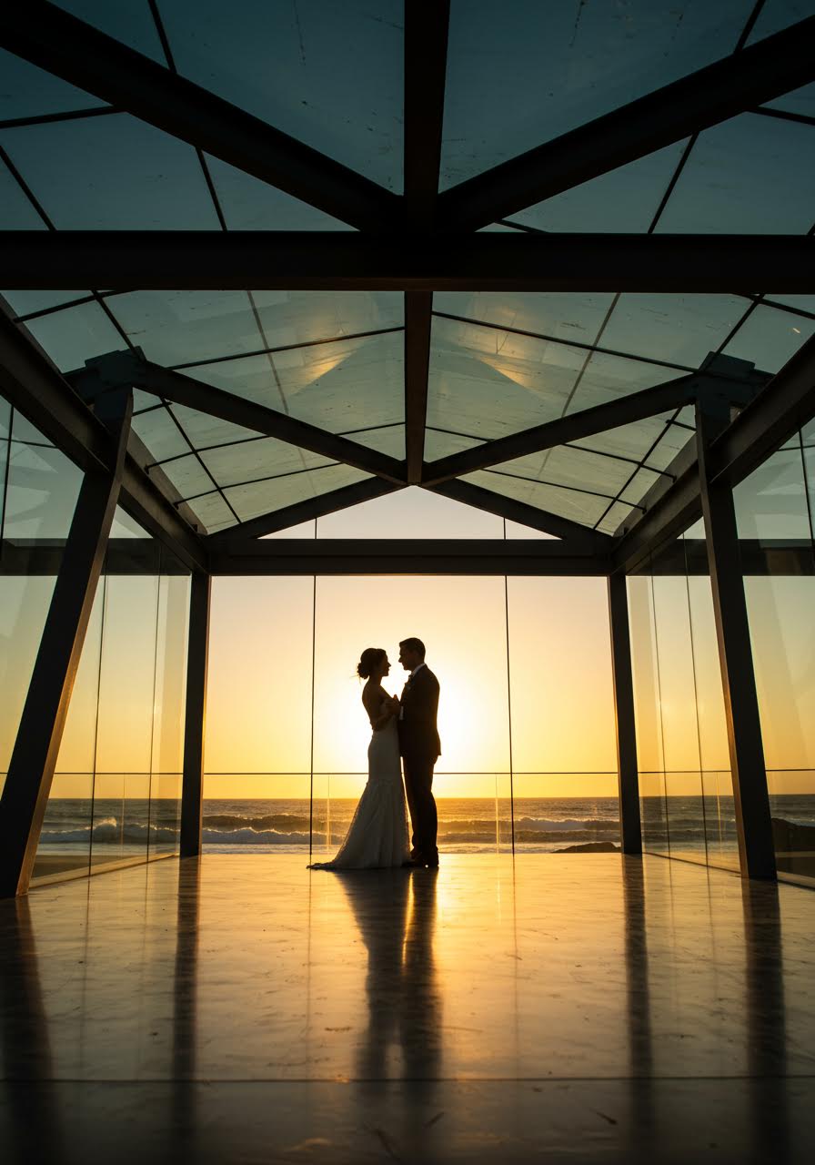 Romantic first dance moment on polished terrace of contemporary glass wedding pavilion