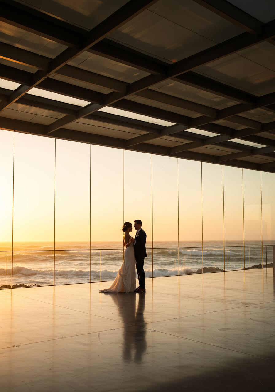 Newlywed couple sharing first dance in glass pavilion wedding venue overlooking ocean waves at sunset