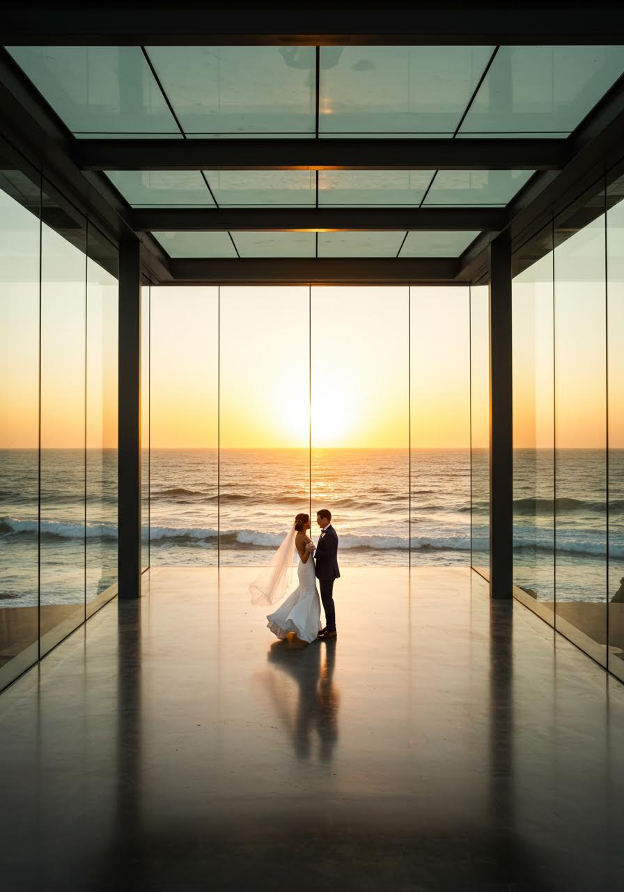 Couple dancing in modern transparent wedding venue with dramatic ocean backdrop during golden hour