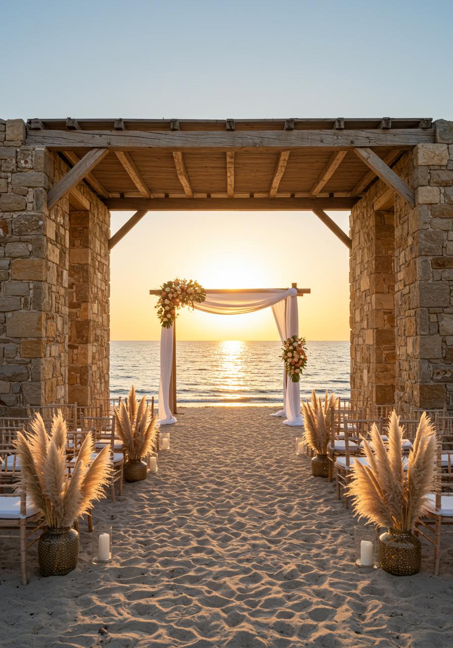 Bride beside stunning white-columned open pavilion on pristine beach during golden hour