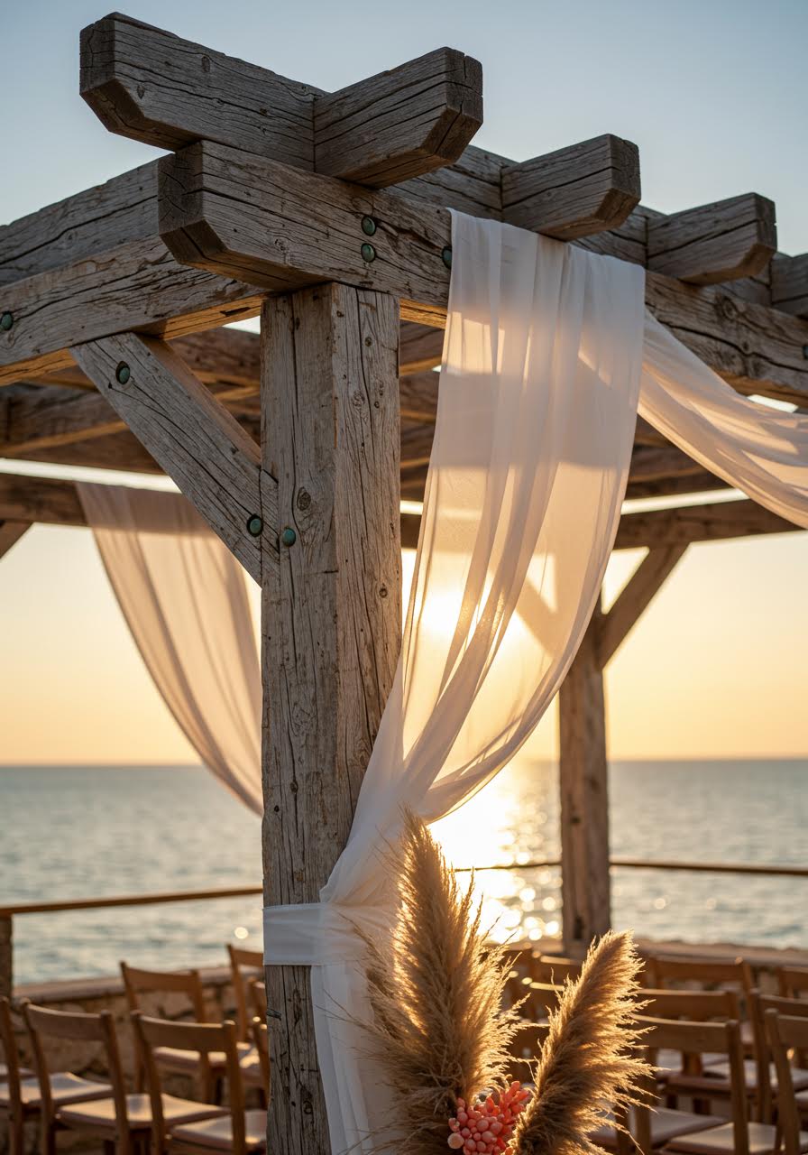 Elegant open-air wedding pavilion with soaring columns allowing ocean breezes through space
