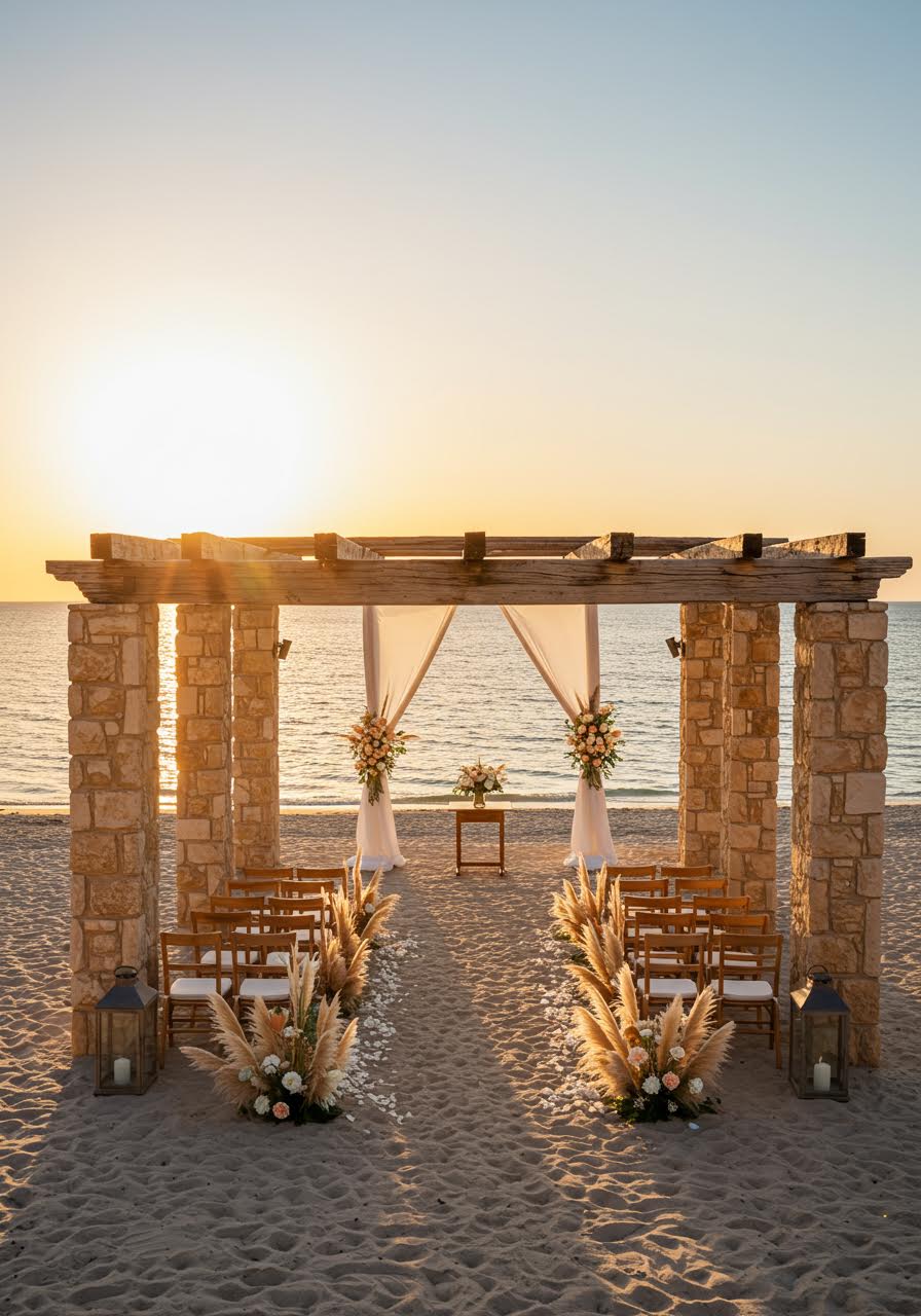 Beachside wedding pavilion with flowing curtains and white architectural elements