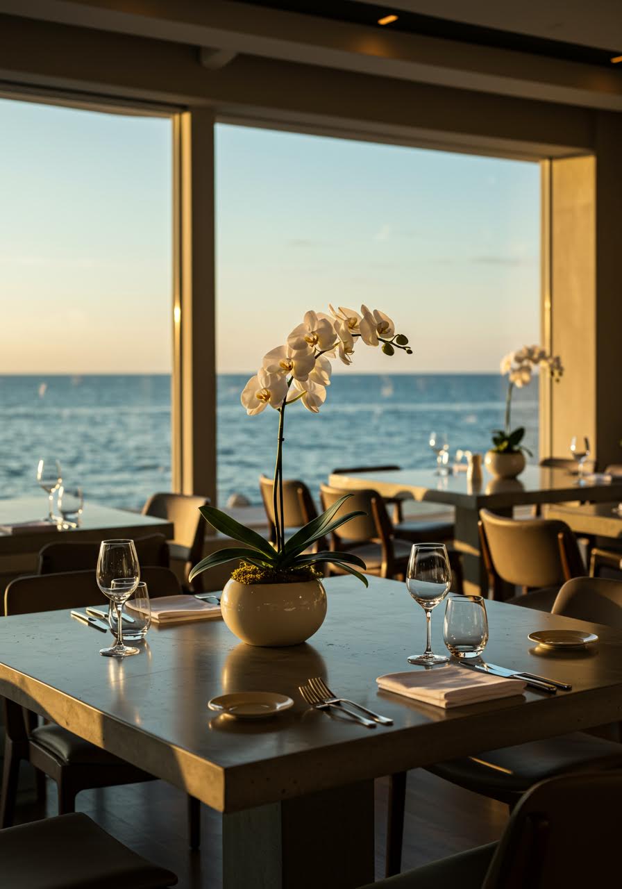 Elegant minimalist dining setup with orchid centerpiece in waterfront reception space