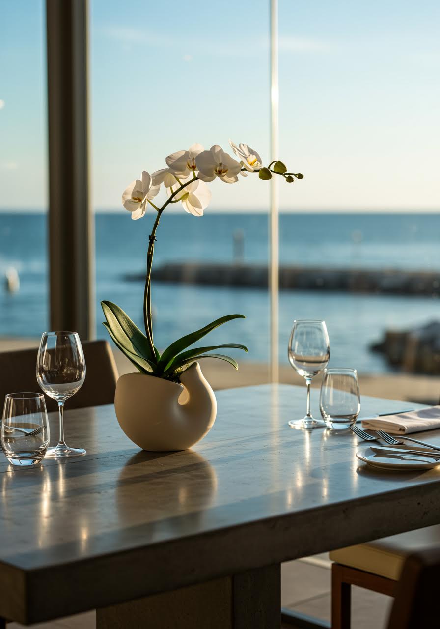 Modern white orchid centerpiece on polished concrete table with ocean view through windows