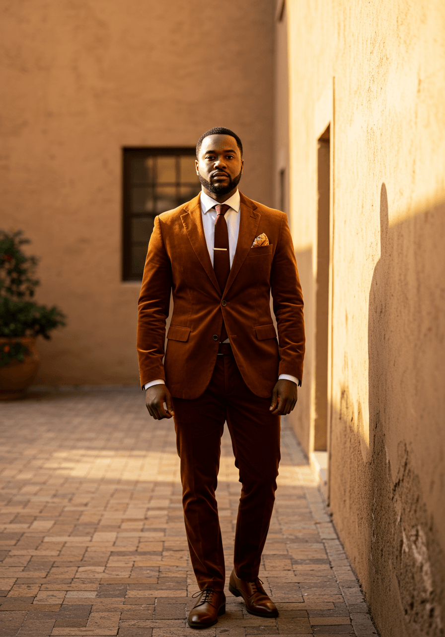 Confident groom in rust velvet suit posed in terracotta courtyard during golden hour