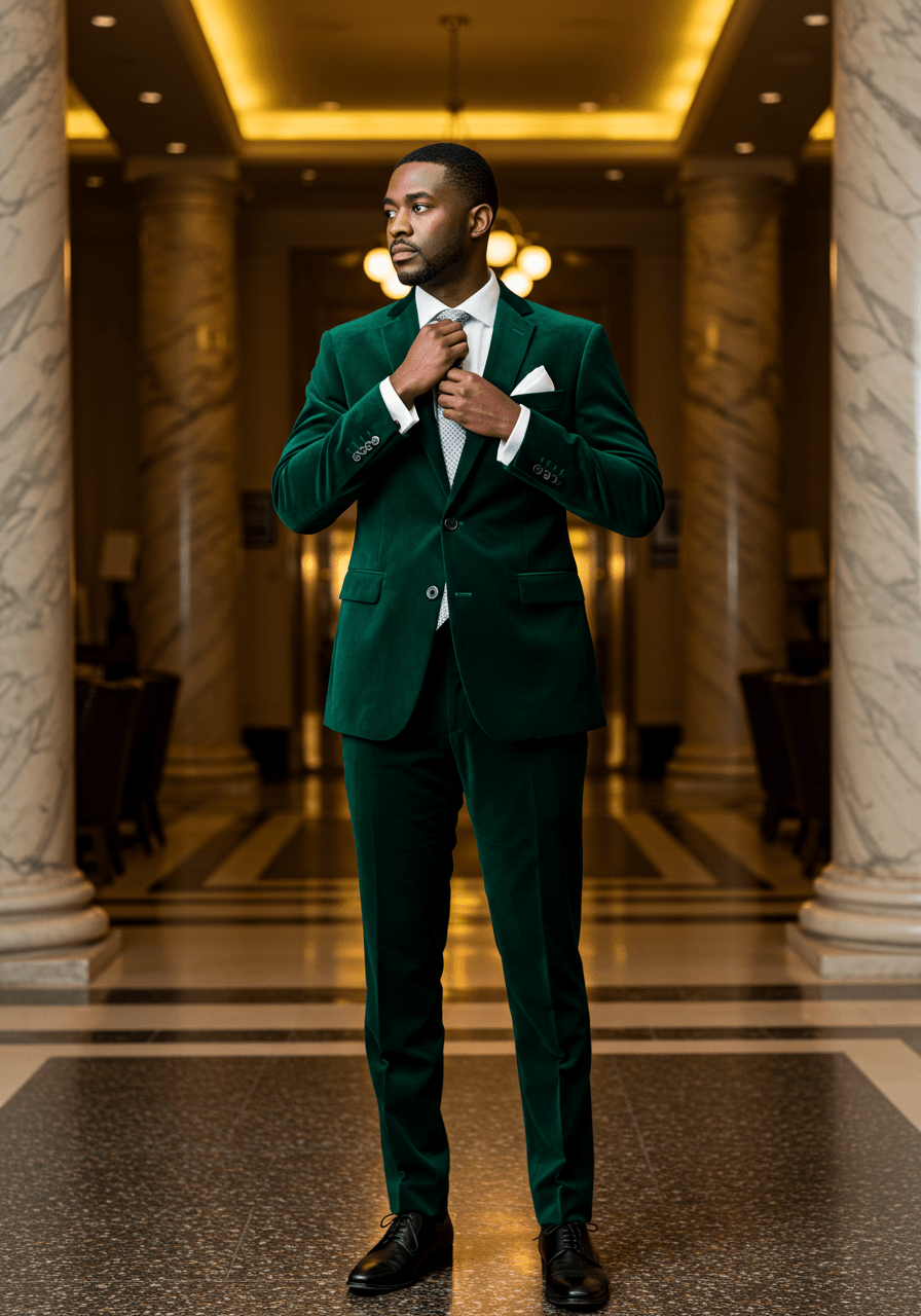 Dapper groom in emerald velvet suit posed confidently in luxury hotel lobby