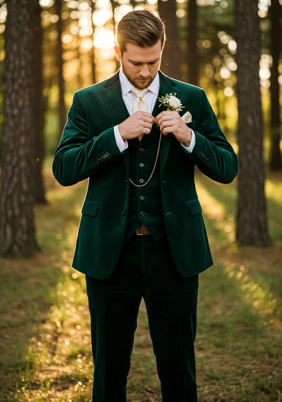 Low-angle shot of groom in emerald velvet suit amongst forest backdrop