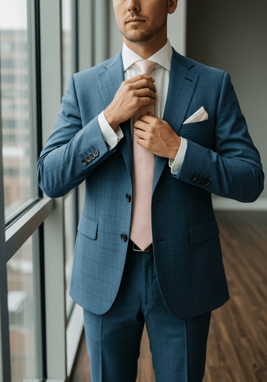 Close-up of groom in dusty blue suit by window showcasing styling details
