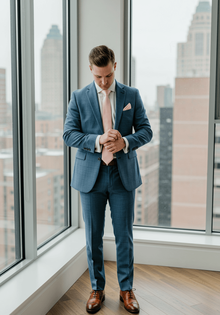Dapper groom in dusty blue pinstripe suit within industrial loft setting