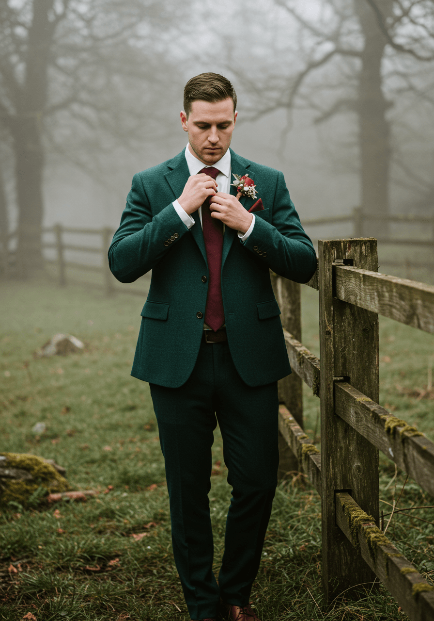 Forest green suited groom in atmospheric misty woodland setting by fence