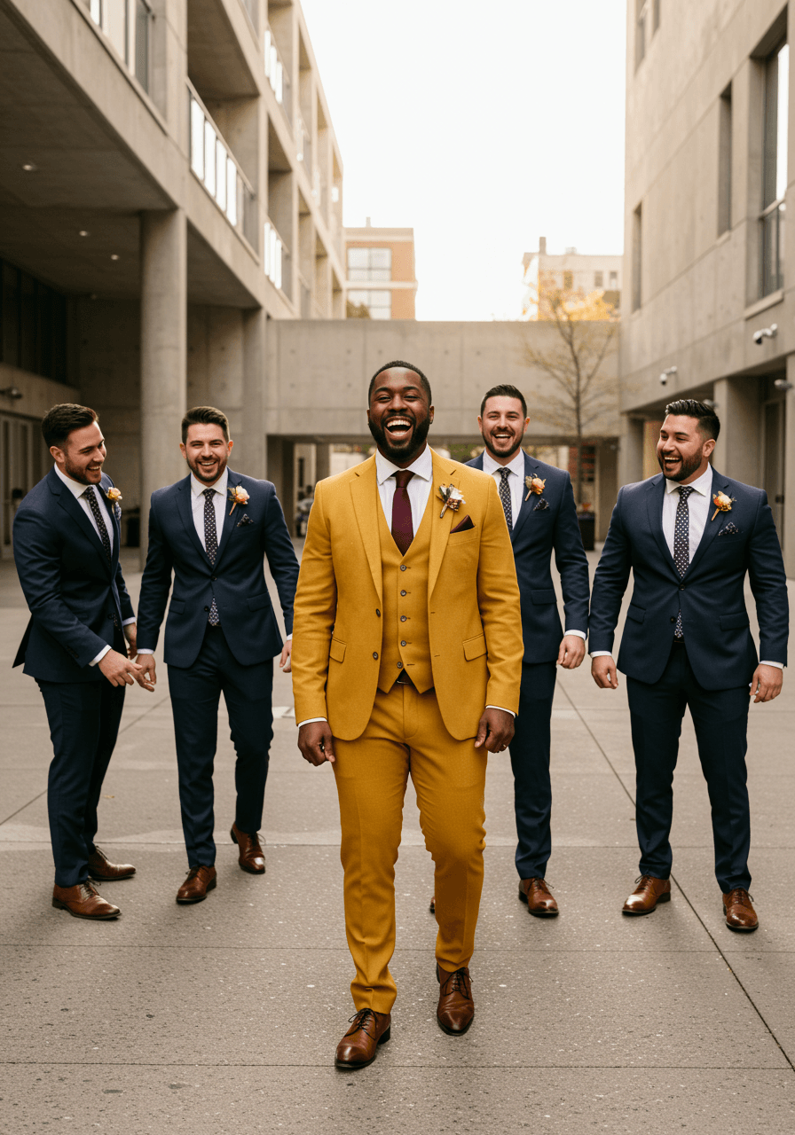 Wide-angle shot of groomsmen in mustard yellow suits celebrating during golden hour