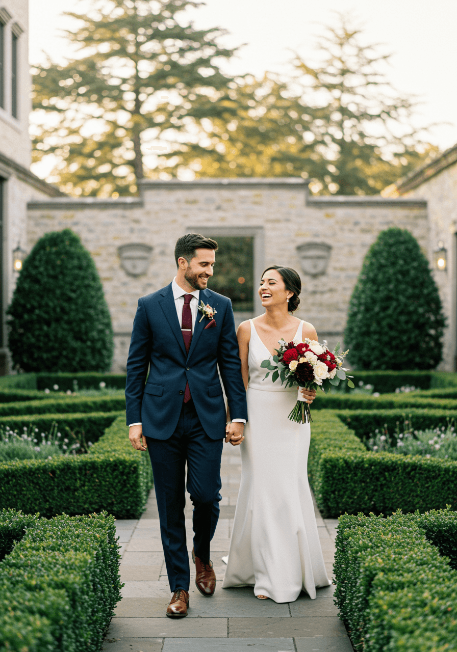 Elegant couple in romantic garden setting with groom wearing navy wool suit