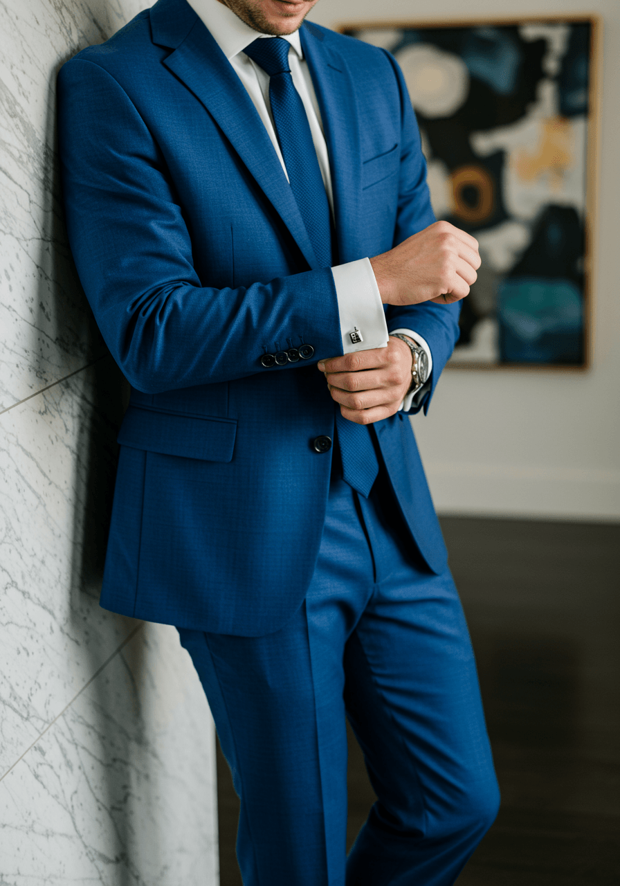 Full-length portrait of groom in royal blue suit within marble gallery setting