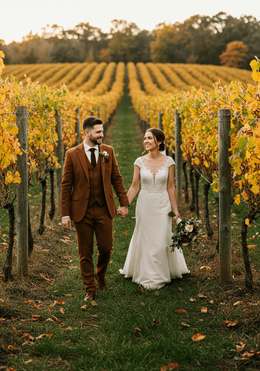 Elegant couple in vineyard setting with groom wearing terracotta tweed suit