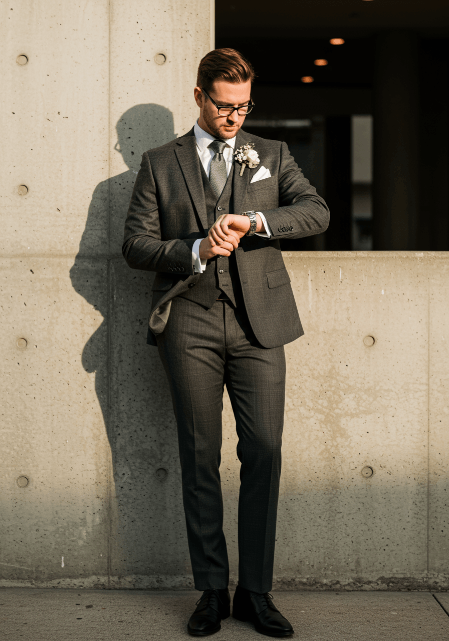 Low-angle portrait showcasing groom's charcoal suit and watch details