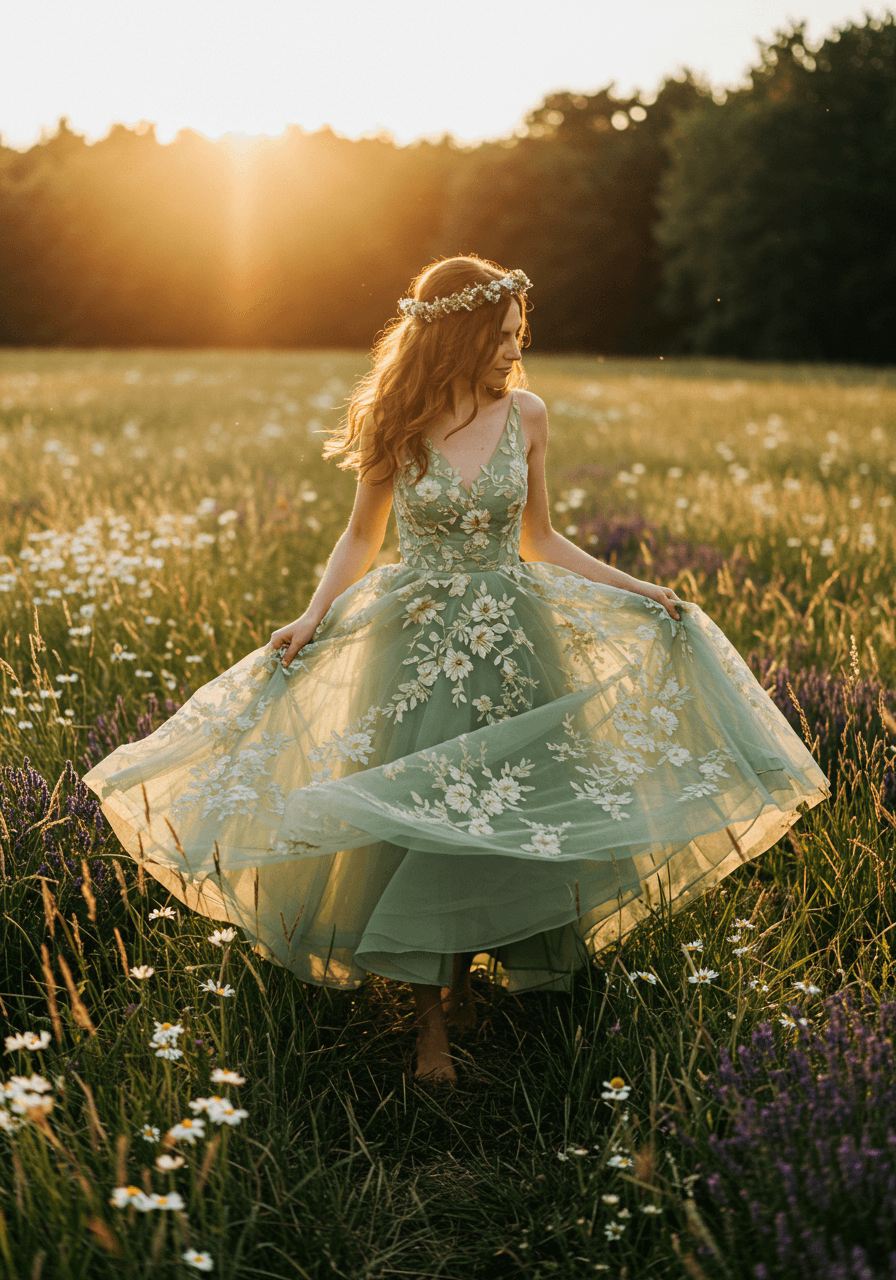 Bride in sage green tulle ballgown twirling barefoot in wildflower meadow with daisies and lavender