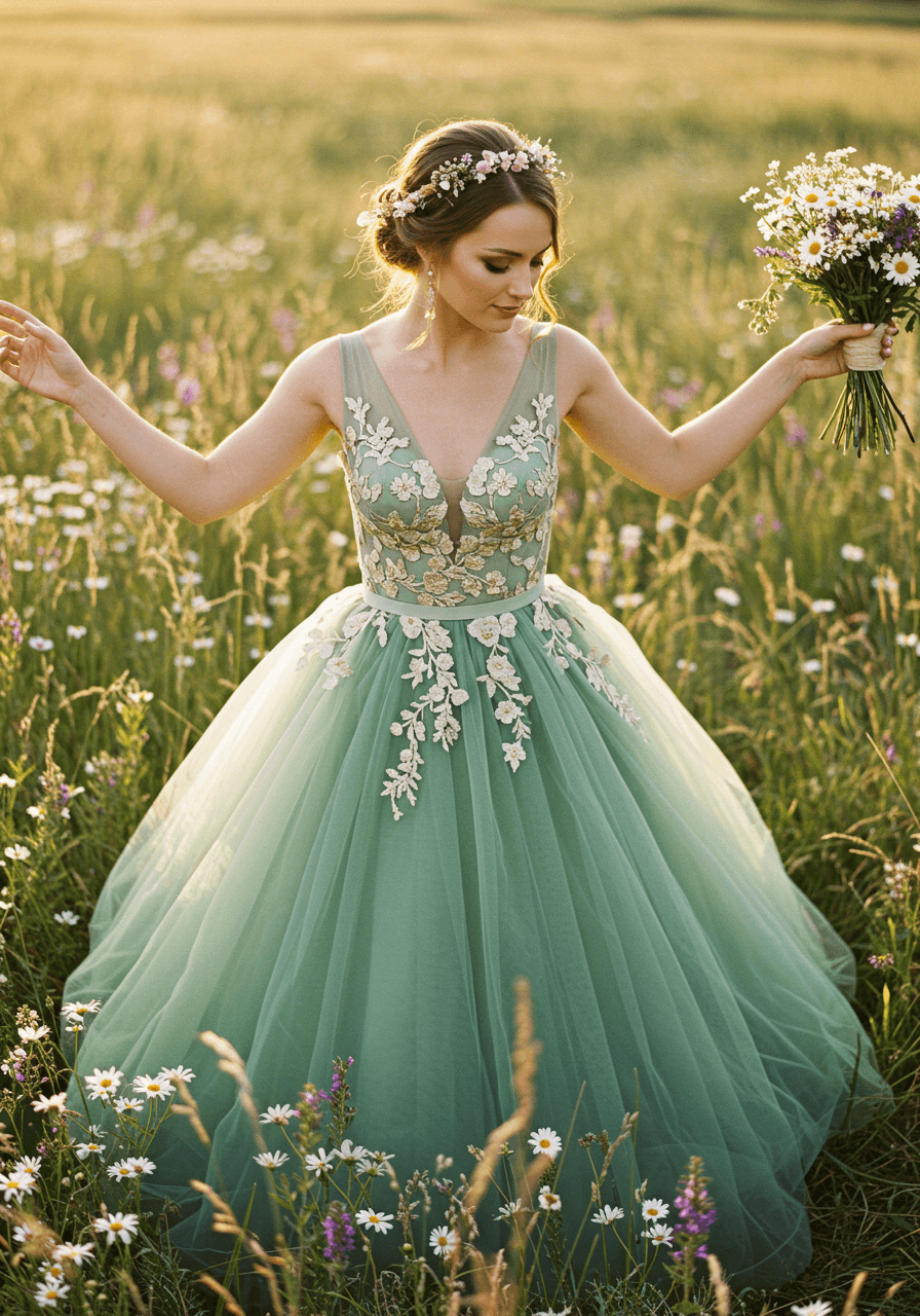 Portrait of bride in sage green wedding gown in wildflower meadow during golden hour light