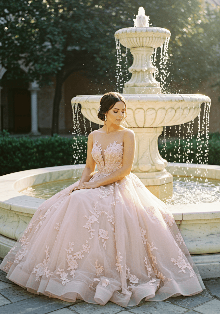 Close-up of bride in blush pink wedding dress near ornate garden fountain with cascading water