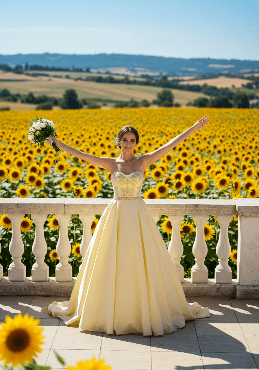 Bride in yellow ballgown with arms outstretched celebrating among endless sunflower fields and blue sky