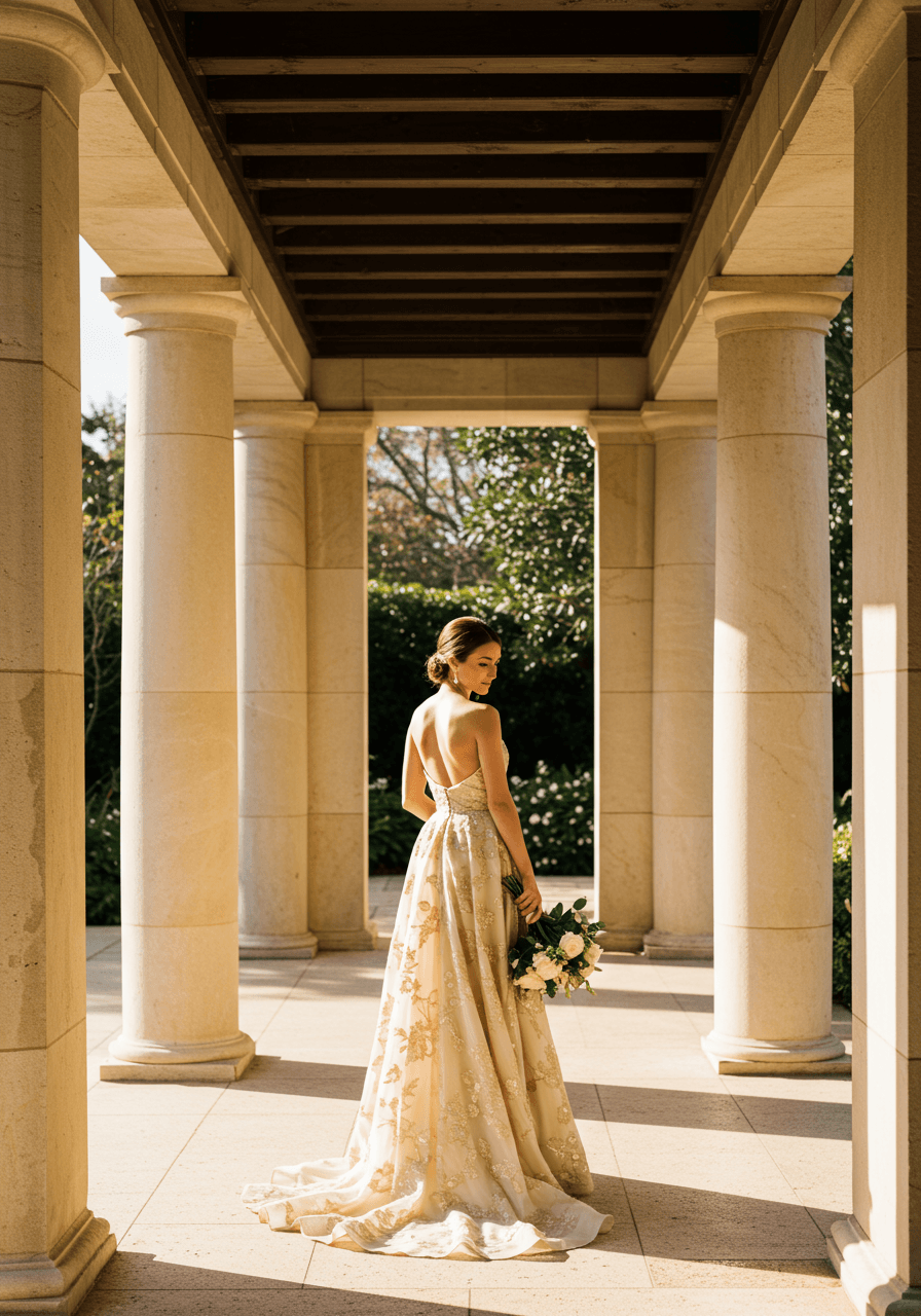 Bride in champagne wedding gown with golden embroidery in sunlit garden pavilion with stone columns