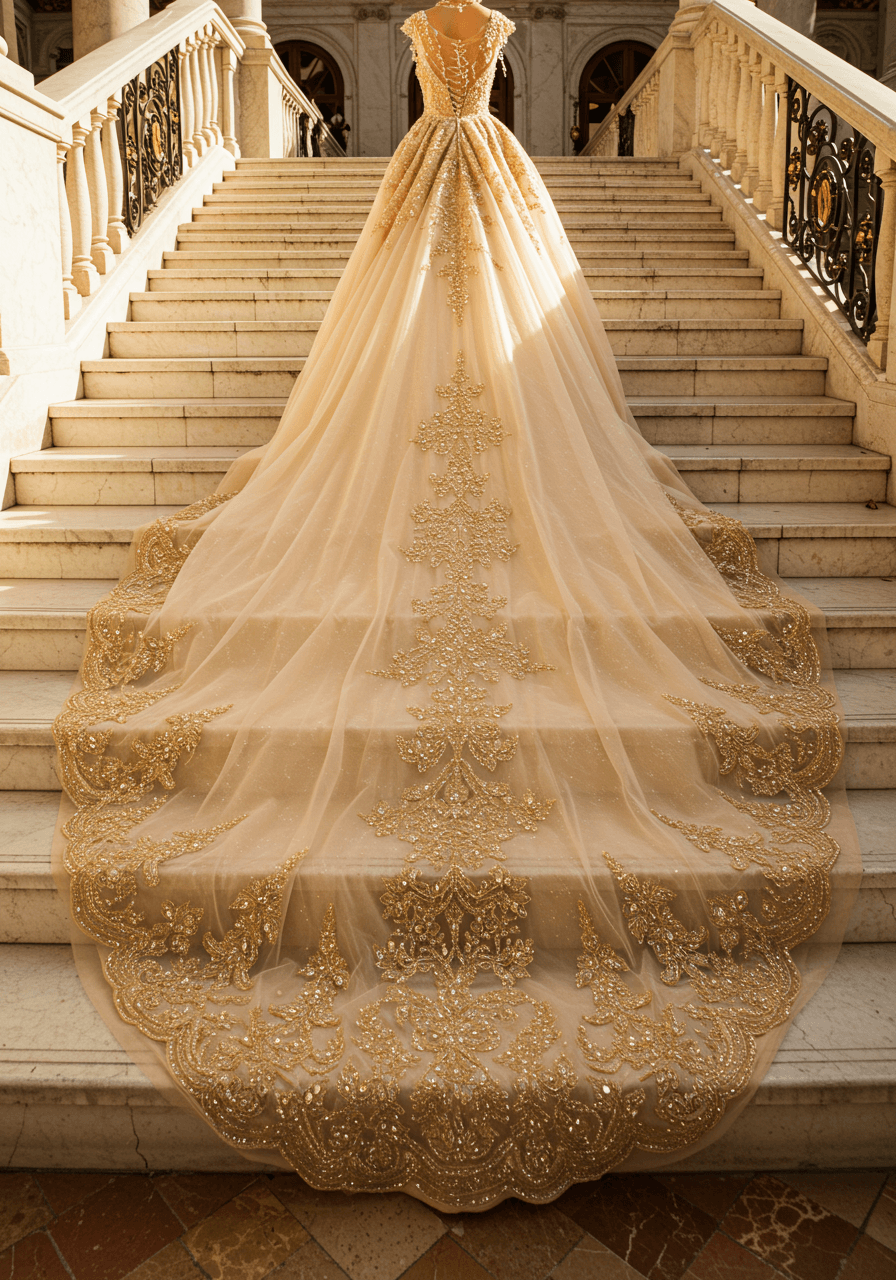 Close-up of golden beadwork and champagne fabric cascading down luxurious marble staircase