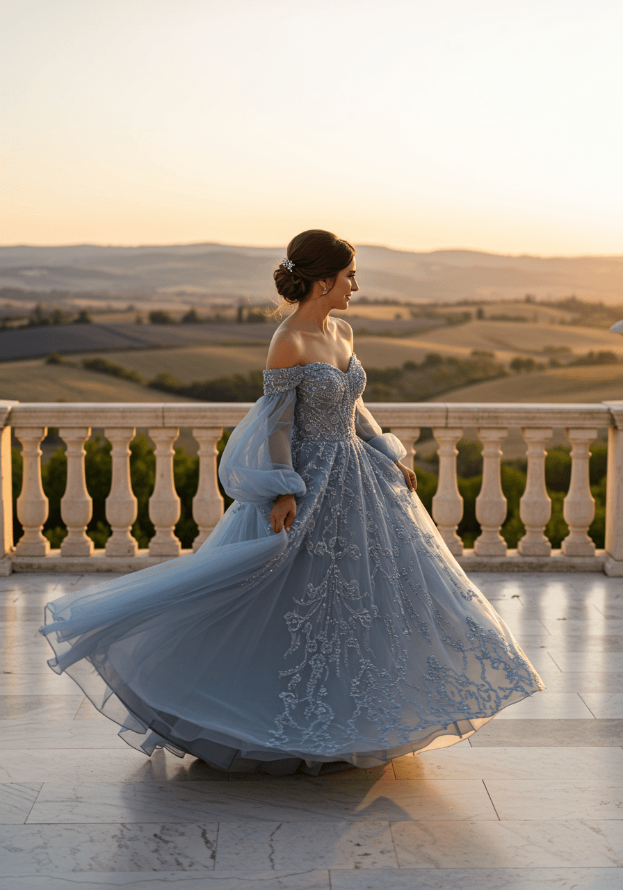 Bride in dusty blue beaded ballgown twirling on marble terrace overlooking rolling hills at sunset