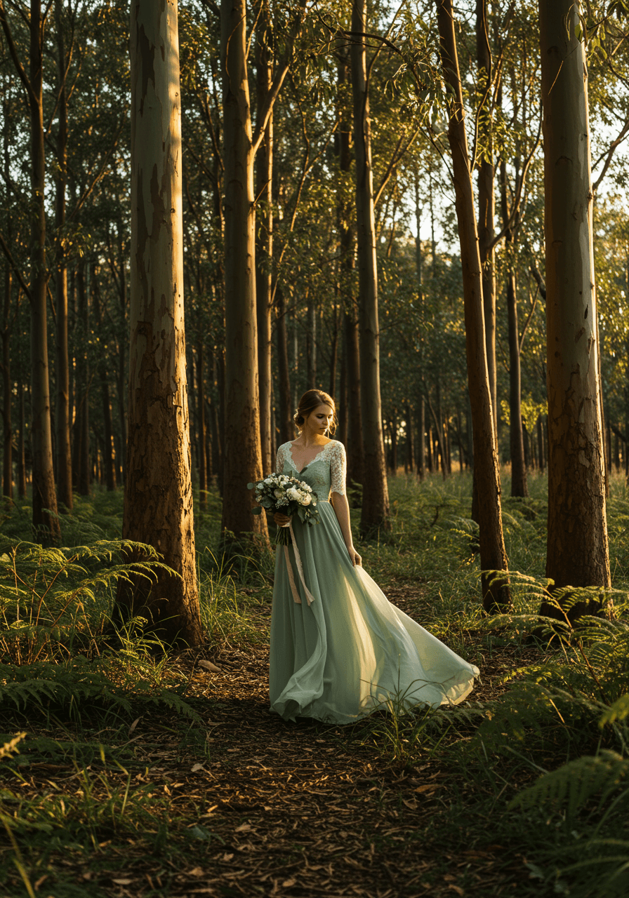 Bride in sage green chiffon dress with lace sleeves among tall eucalyptus trees in forest clearing