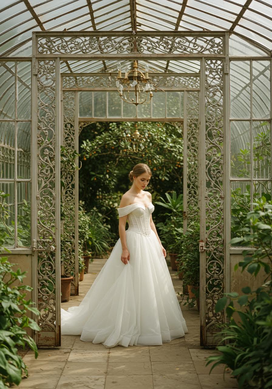 Bride in off-shoulder corset wedding gown posing in vintage glass conservatory