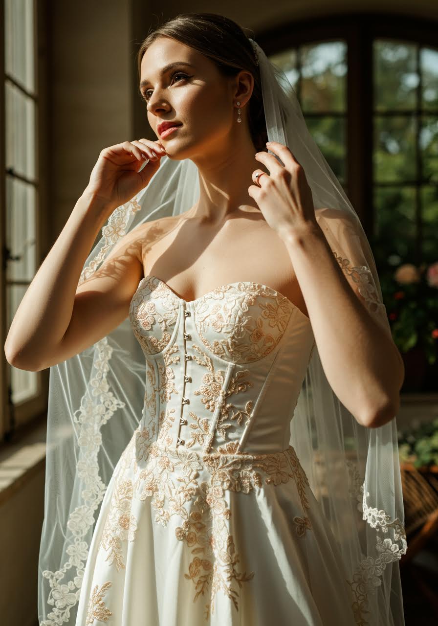 Bride adjusting veil in embroidered silk corset gown with natural conservatory lighting