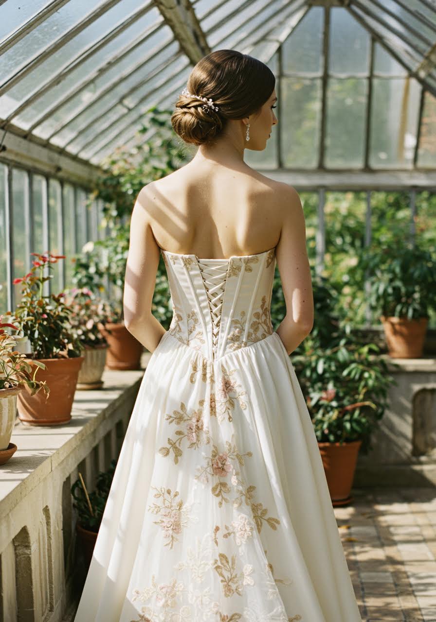 Bride in silk corset dress with floral embroidery in bright conservatory setting