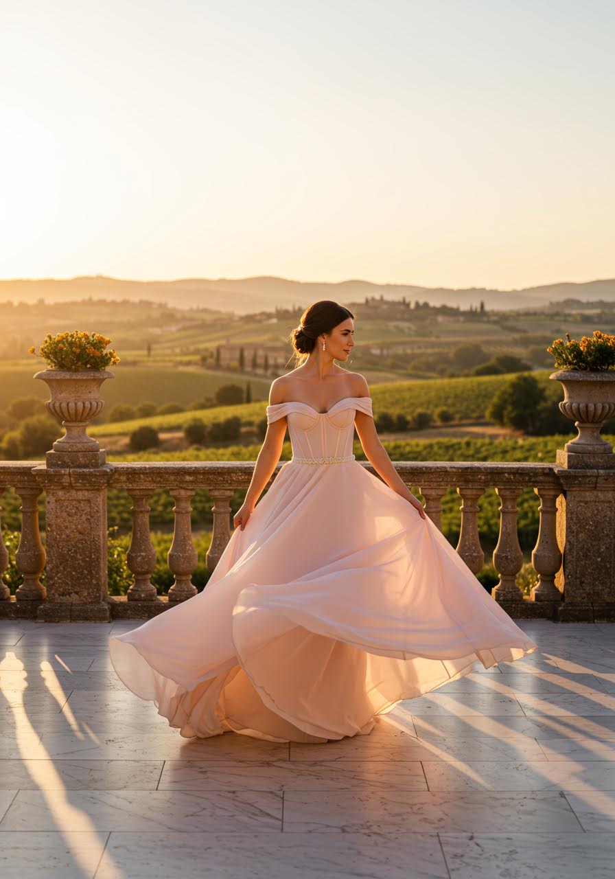 Bride twirling in flowing off-shoulder corset gown on marble terrace during golden hour
