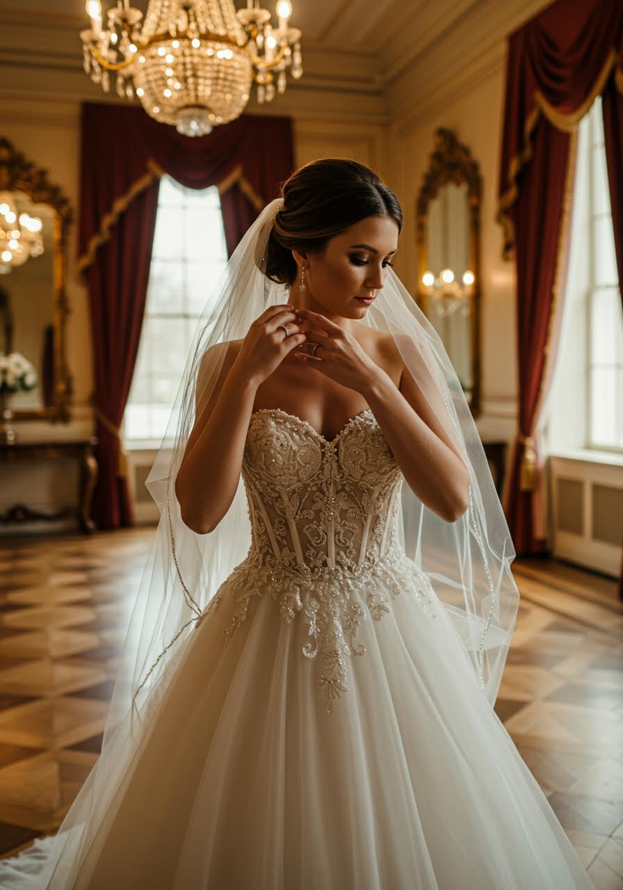 Detailed view of beaded veil and crystal-embellished corset in vintage mansion setting