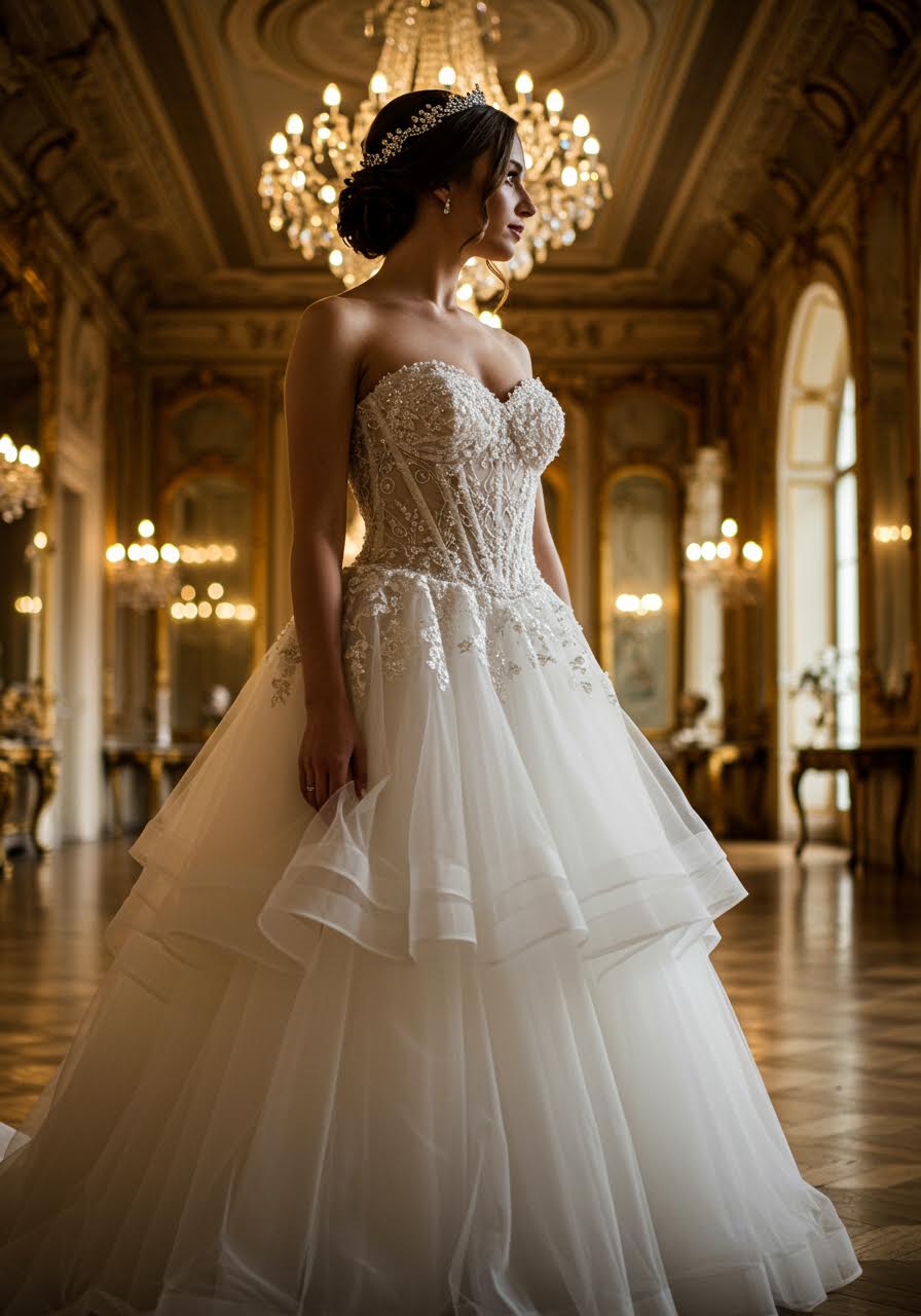 Portrait of bride in beaded corset dress beneath ornate crystal chandelier