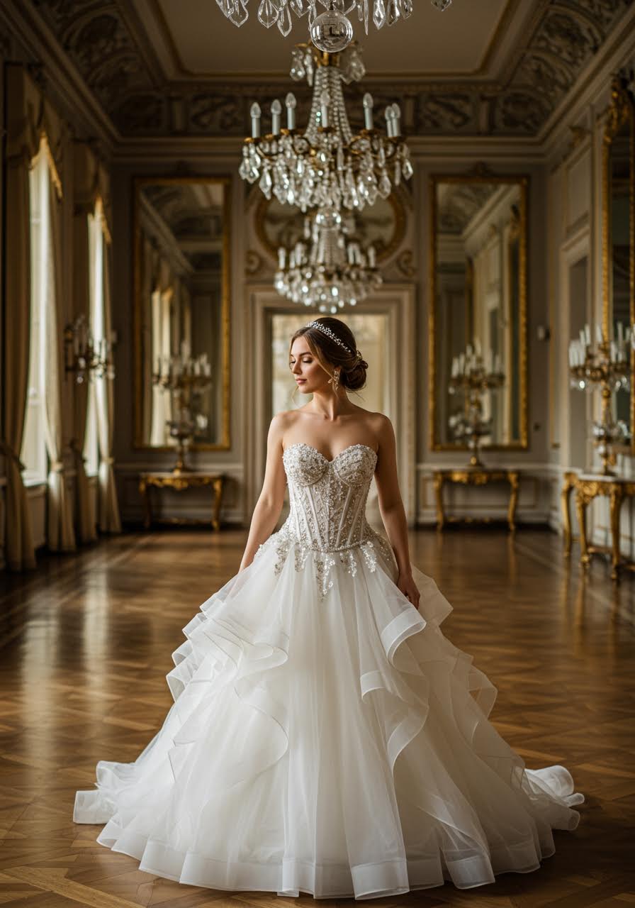 Bride in heavily beaded corset gown standing in golden ballroom with crystal chandelier