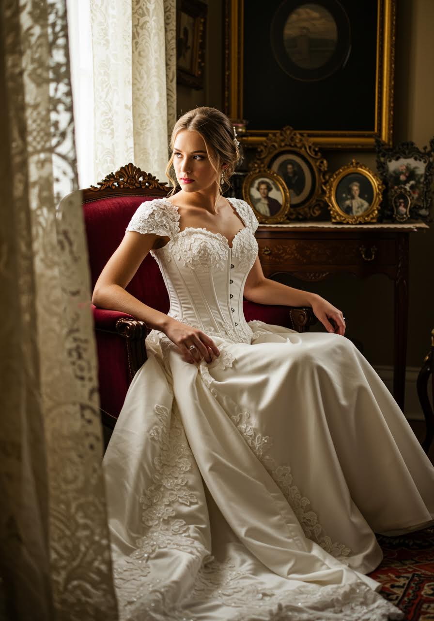 Seated bride in Victorian corset gown with voluminous skirt in elegant parlour
