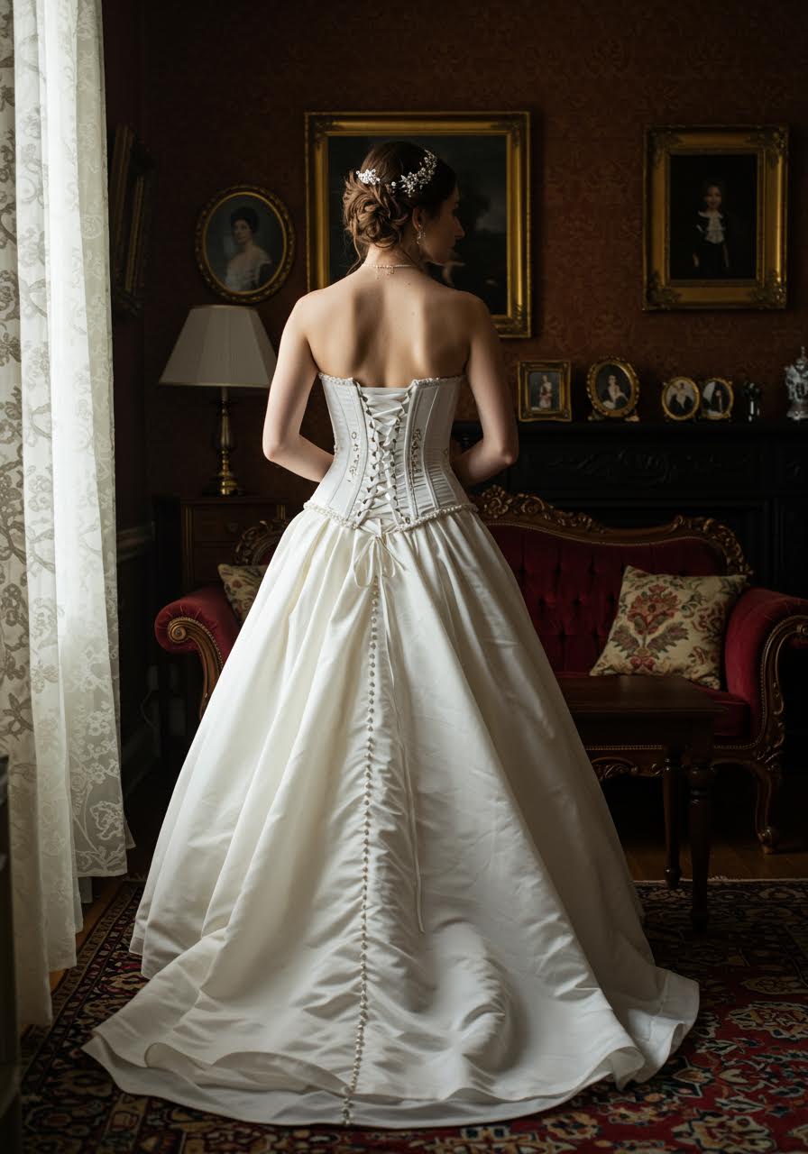 Bride in Victorian-inspired corset ballgown standing in ornate period parlour