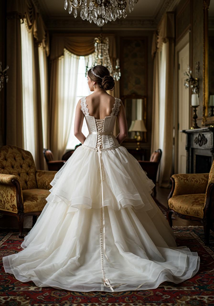 Full Victorian ballgown with corset bodice in grand mansion parlour setting