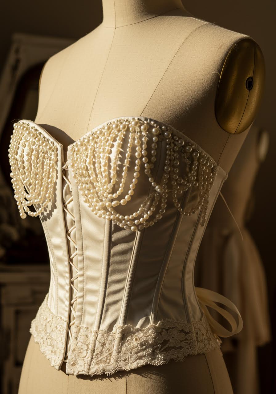 Detailed view of pearl-embellished corset bodice in vintage bridal atelier setting
