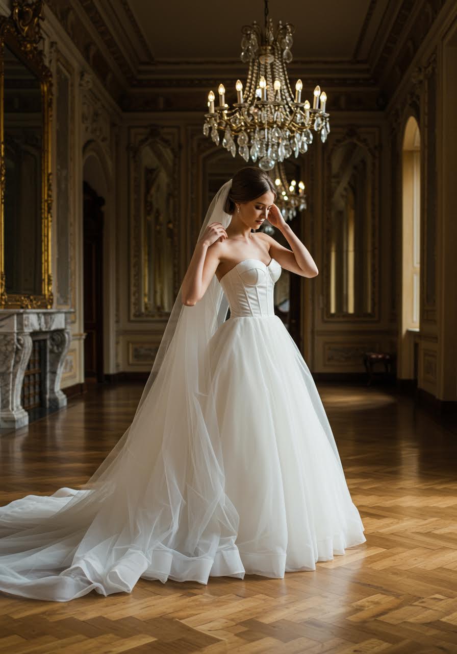 Bride pausing in strapless corset ballgown with cascading veil in ornate ballroom