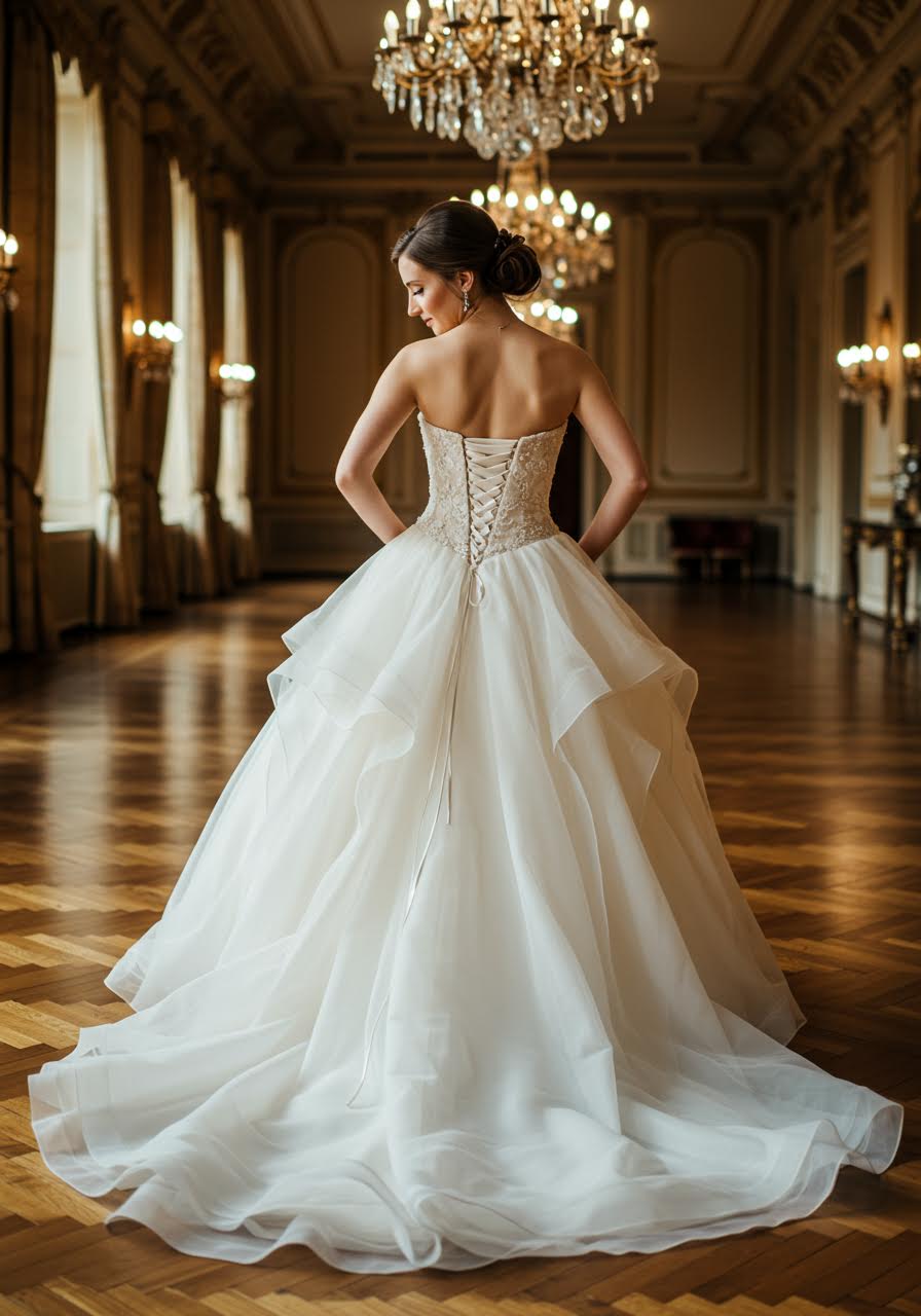 Bride in strapless corset gown with flowing tulle train in vintage ballroom