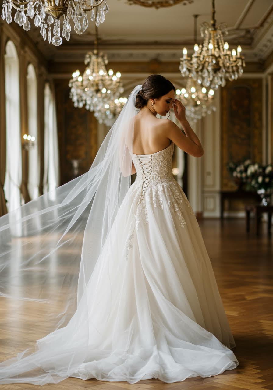 Back view of intricate lace corset with cathedral veil in grand ballroom