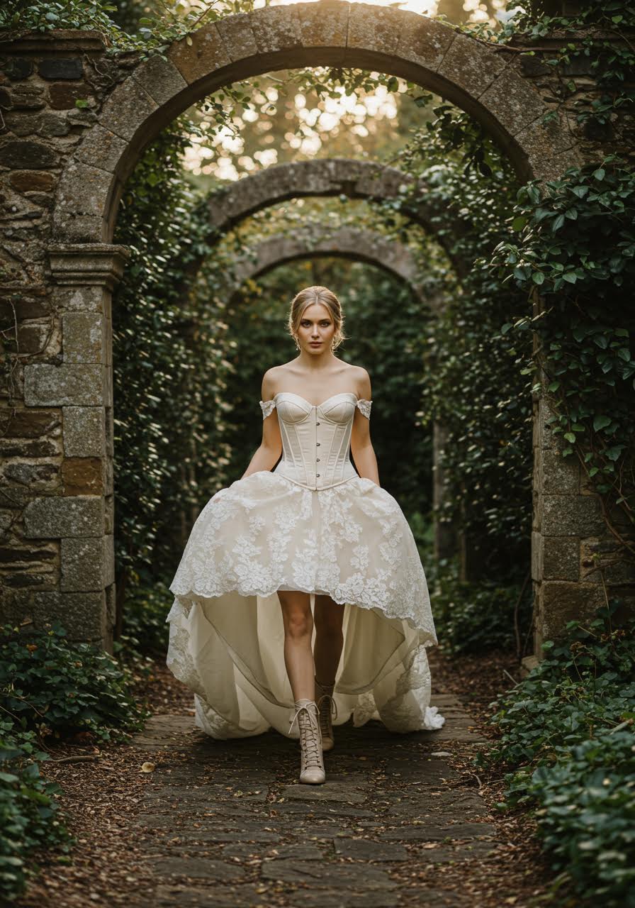 Bride walking estate pathway in Chantilly lace high-low corset dress