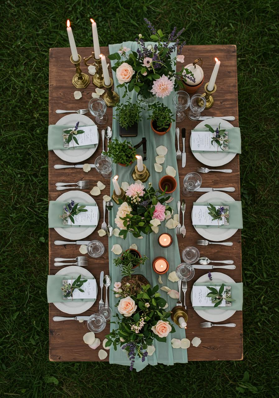 Overhead view of cottagecore reception table set in meadow during blue hour