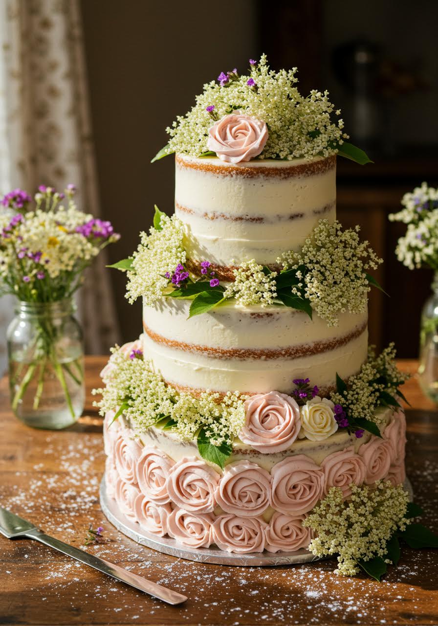 Close-up detail of wedding cake with intricate wildflower sugar work decoration