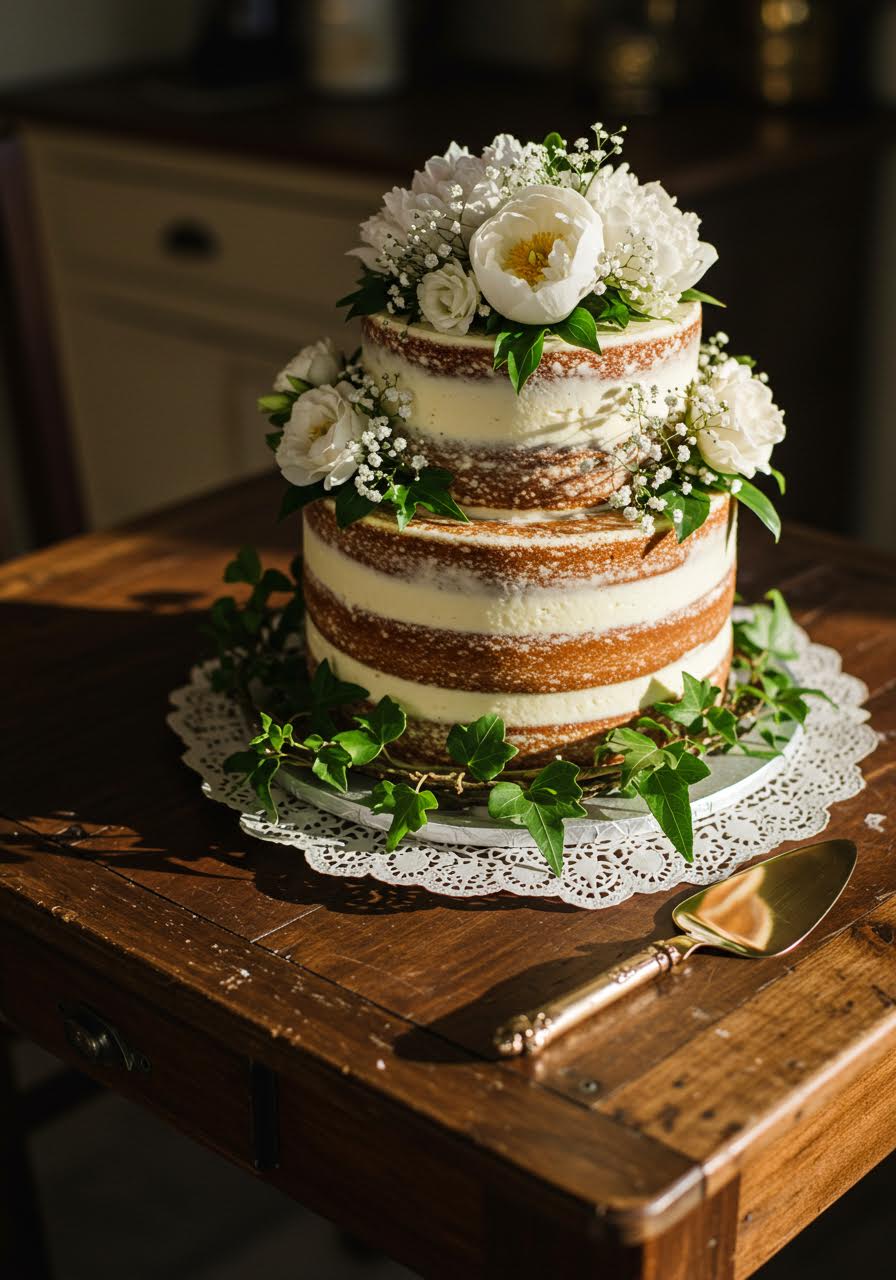 Rustic naked wedding cake with fresh berries and flowers in golden hour lighting