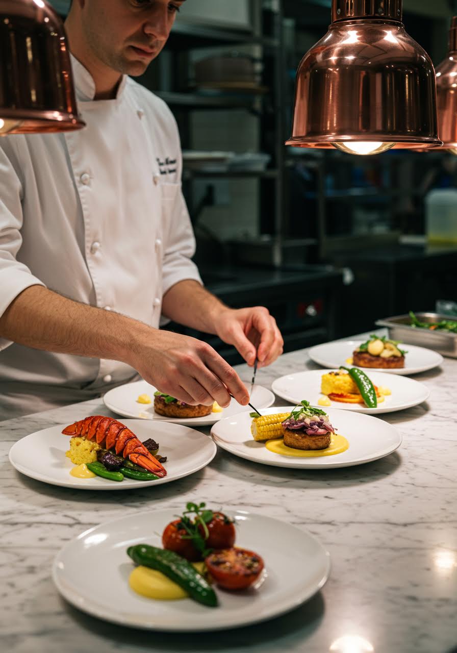 Skilled chef presenting authentic regional dishes with artistic flair on elegant porcelain in professional kitchen