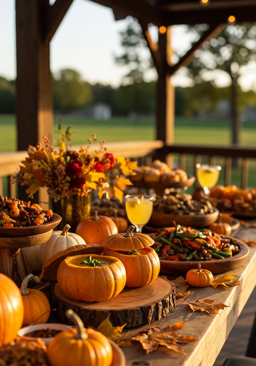 Autumn wedding spread featuring butternut squash soup served in miniature pumpkins and maple-glazed seasonal vegetables in outdoor pavilion