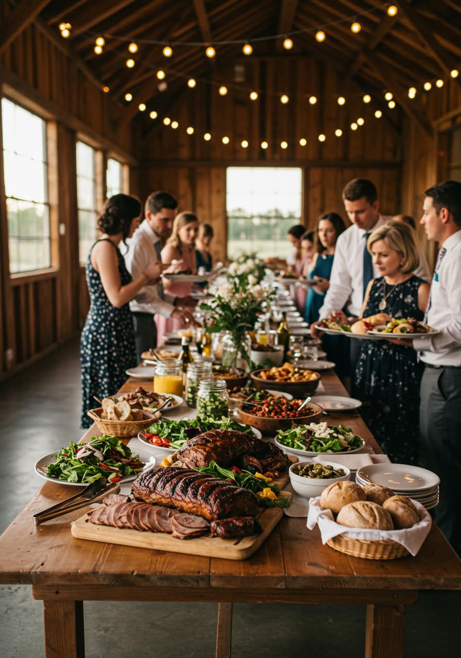Long wooden table with abundant serving platters of roasted meats and artisanal breads in string-lit barn venue